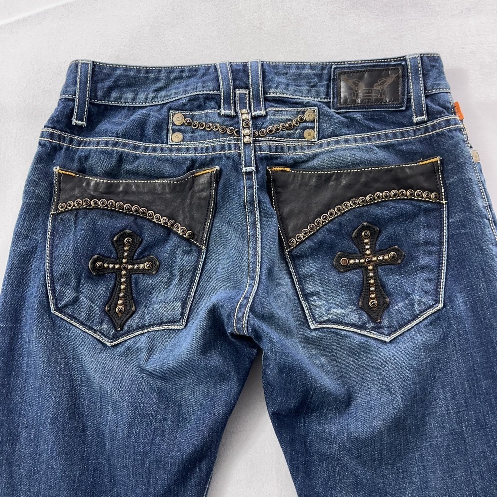 Robins Jeans Men 32 Blue Black Leather Cross Studded Pockets made in USA